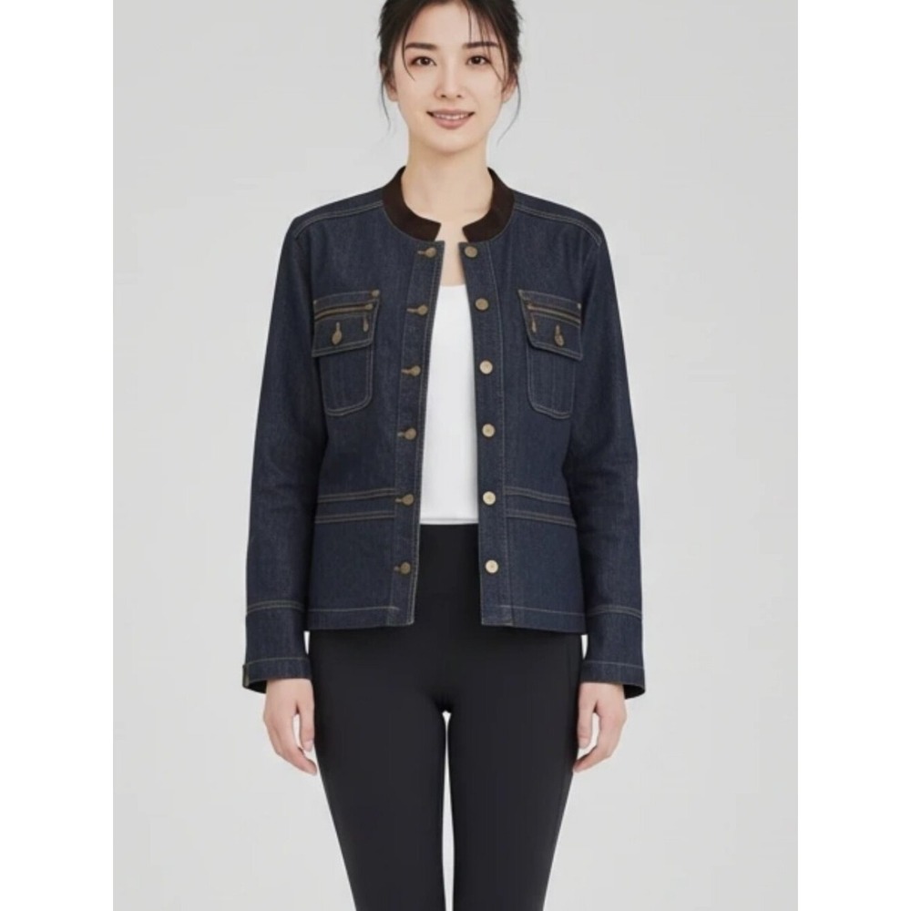 Stonebridge Womens XL Dark Wash Denim Collarless Utility Jacket Zipper Cuffs